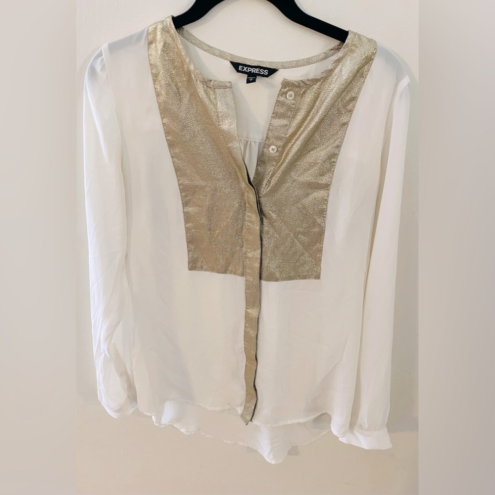 Express Button Down Long Sleeve White and Gold Blouse Size Small